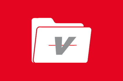 Rote Grafik mit einem weißen, geöffneten Ordner. Auf dem Ordner ist ein großes „V“ der Vestischen zu sehen.