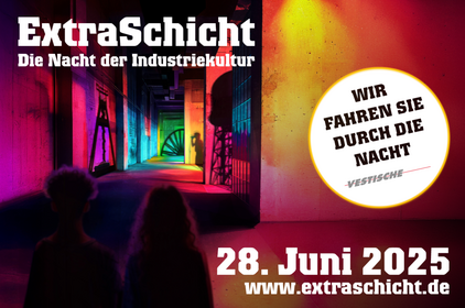 ExtraSchicht2025 mit dem Datum 28. Juni 2025 und dem Hinweis der Vestischen "Wir fahren Sie durch die Nacht."