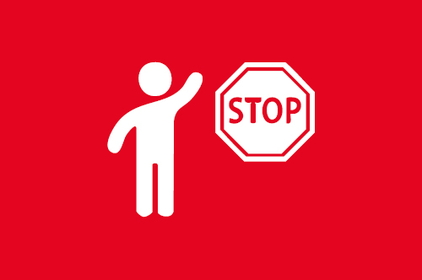Rote Grafik mit einer weißen Person und einem Stoppschild.