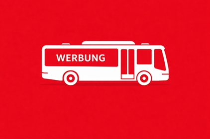Rote Grafik mit einem weißen Bus. Auf der Seite des Busses steht das Wort „Werbung“.