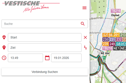 Suchmaske der Vestischen mit Feldern für Start, Ziel, Uhrzeit und Datum. Daneben ist ein Ausschnitt eines Liniennetzplans zu sehen.
