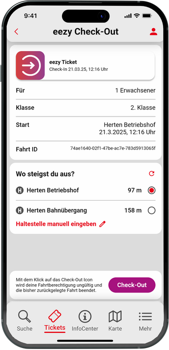 Vestische App ezzy.nrw checkout - Wahl der Haltestelle