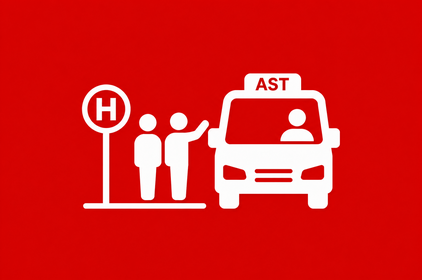 Rote Grafik zum AnrufSammelTaxi. An einer Haltestelle stehen zwei Personen, eine hebt die Hand. Daneben ist ein Fahrzeug mit der Aufschrift „AST“ zu sehen.