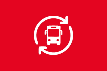 Rote Grafik mit einem weißen Bus von vorne. Um den Bus herum sind zwei Pfeile im Kreis angeordnet.
