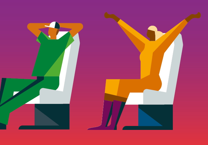 Banner Spar doch mal! Mit dem eezy-Ticket für Bus und Bahn. Illustration mit entspannten sitzenden Personen