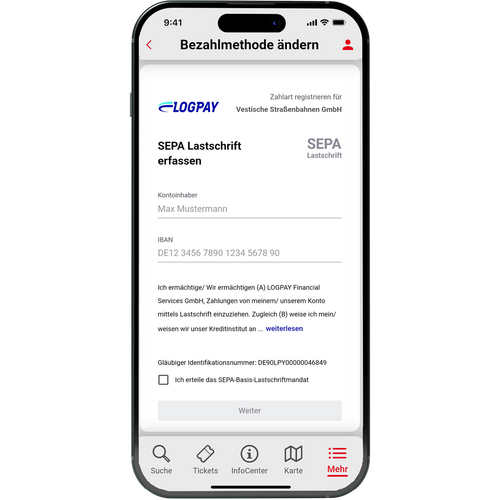 Vestische App Lastschrift erfassen