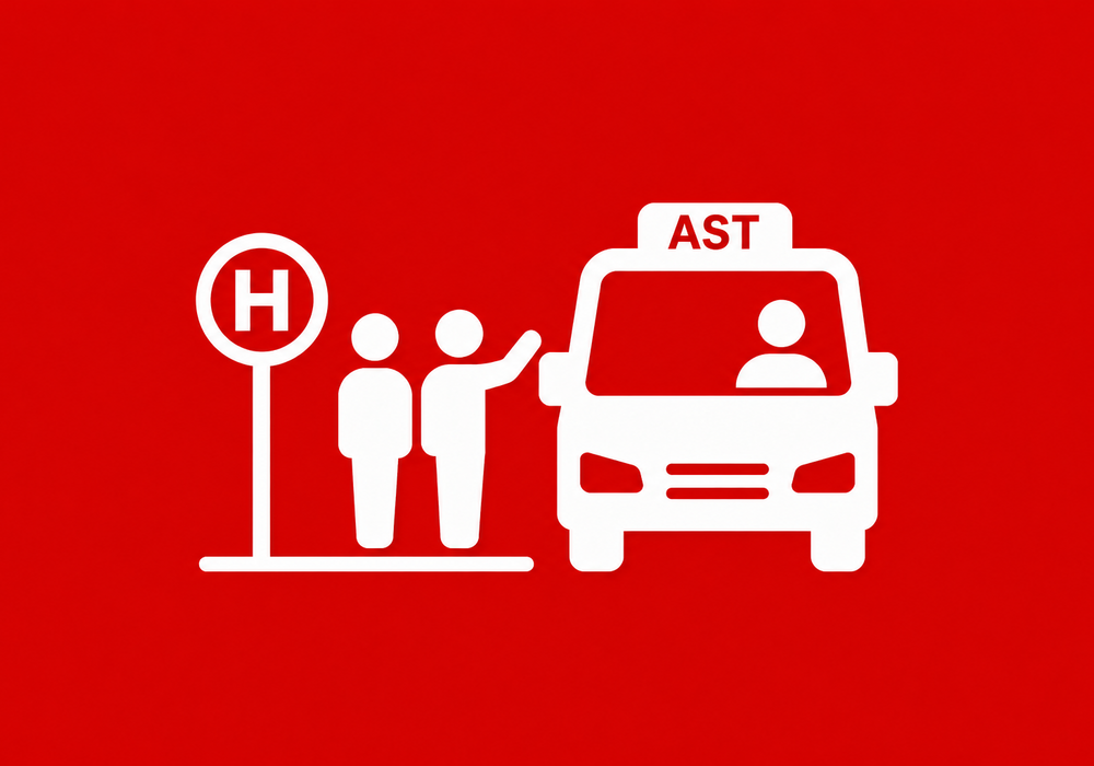 Rote Grafik zum AnrufSammelTaxi. An einer Haltestelle stehen zwei Personen, eine hebt die Hand. Daneben ist ein Fahrzeug mit der Aufschrift „AST“ zu sehen.