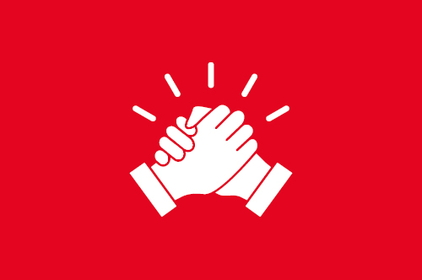 Rote Grafik mit zwei weißen Händen, die sich zur Begrüßung die Hand geben.