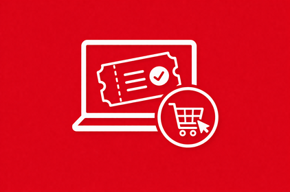 Rote Grafik mit einem weißen Laptop. Auf dem Bildschirm ist ein Ticket zu sehen. Daneben stehen ein Einkaufswagen und eine Maus in einem Kreis.