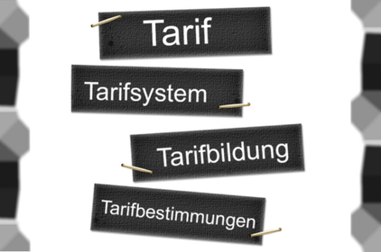 Pinnwand mit den Begriffen: Tarif, Tarifsystem, Tarifbildung, Tarifbestimmungen