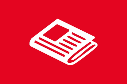 Rote Grafik mit einer weißen, zusammengefalteten Tageszeitung.