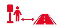 Rotes Männchen neben zwischen Haltestelle und Straße. Neben dem Männchen ist noch ein roter Pfeil, der veranschaulichen soll wie wichtig ausreichend Platz zum Bordstein ist.
