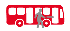 Weiße Grafik mit einem roten Bus. Daneben steht eine graue Person. Ein grauer Pfeil zeigt nach vorn.