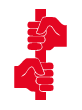 Weiße Grafik mit zwei roten Händen, die sich untereinander an einer Stange festhalten.