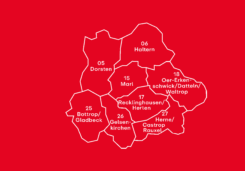 Bedienungsgebiet der Vestischen. 05 Dorsten.06 Haltern.18 Oer-Erkenschwick/ Datteln/ Waltrop. 17 Recklinghausen/ Herten. 27 Herne/ Castrop-Rauxel. 26 Gelsenkirchen. 25 Bottrop/ Galdbeck. 15 Marl. 05 Dorsten.