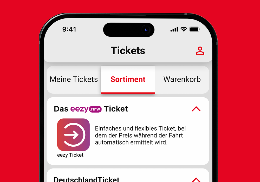 Abbildung des eezy.nrw-Tickets in der Vestische App unter dem Menüpunkt Ticketsortiment.