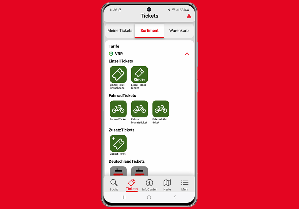 Darstellung eines Smartphones mit der Vestische App und dem Ticketsortiment: EinzelTickets, FahrradTickets und ZusatzTickets